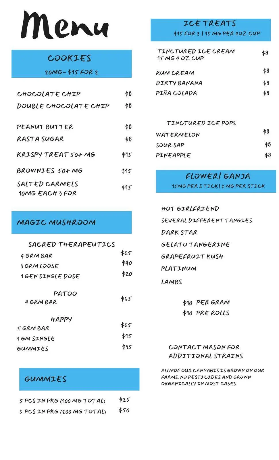 Cone, Cup and Stick Menu Negril Jamaica Menu